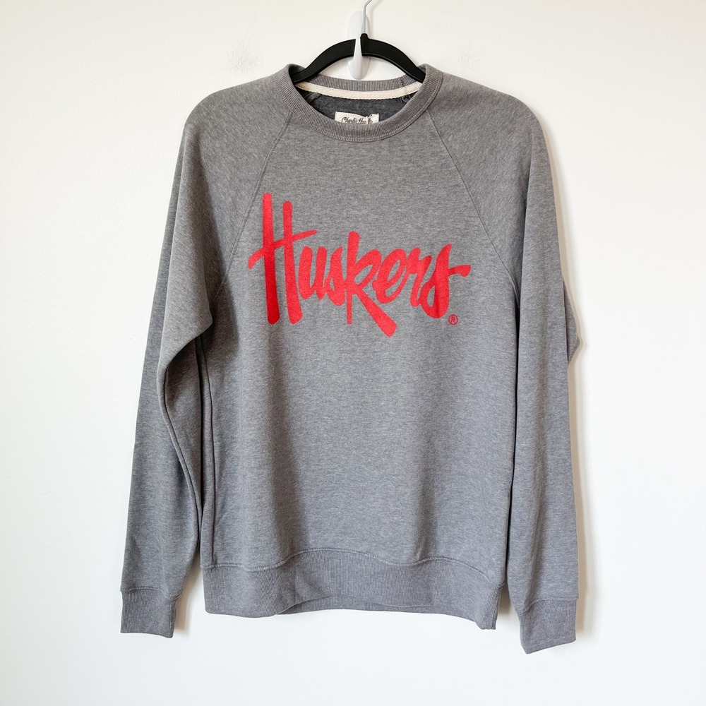 NEW Charlie Hustle Nebraska Huskers Script Grey Crewneck Sweatshirt XS